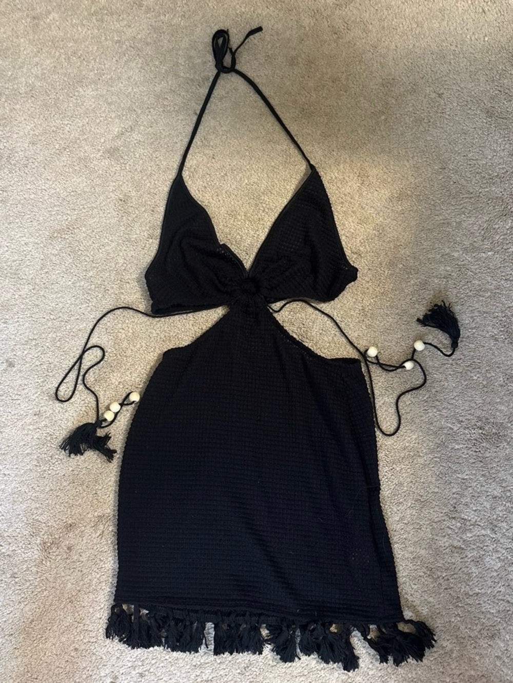 Black Halter Cutout Fringe Mini Dress